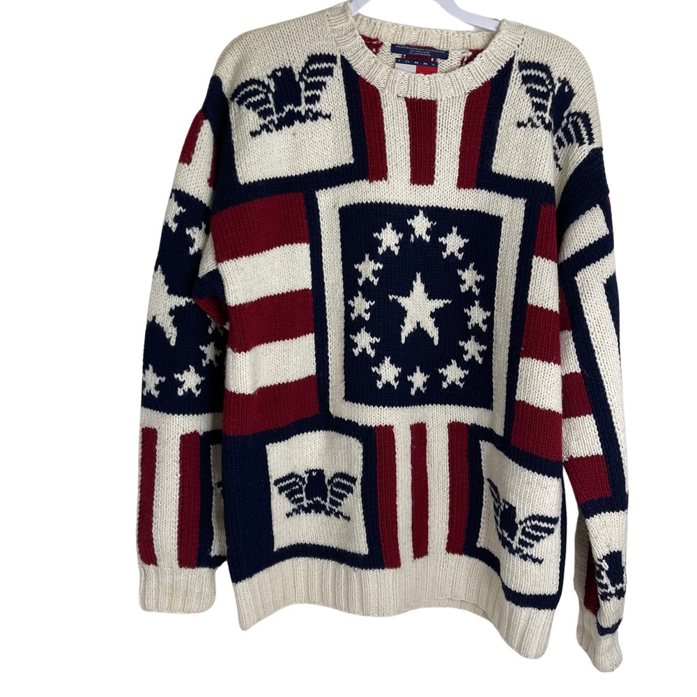 Vintage Tommy Hilfiger Hand Knit Wool Blend Patriotic sweater Mens Sz Med